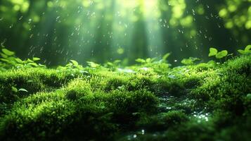 Green forest with sunlight shining through the trees photo