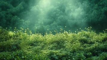 Green grass and sunbeams in the forest photo