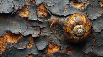 A snail crawling on a piece of wood photo