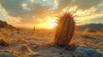 A cactus plant in the desert at sunset photo