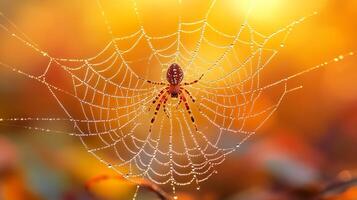 A spider sits on its web in the morning light photo