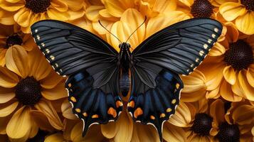 A black butterfly on top of yellow flowers photo