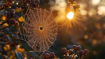A spider web is shown in the sun photo