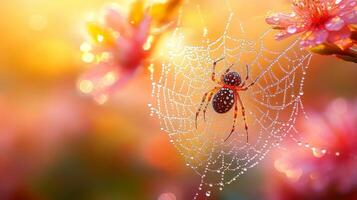 A spider sits on a web with dew drops photo