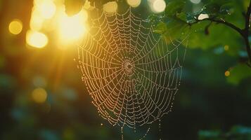 A spider web is shown in the sunlight photo