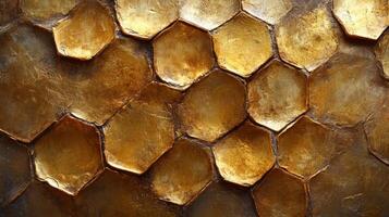 Golden texture of a wall with many hexagonal shapes photo