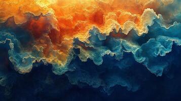 An abstract painting of orange and blue clouds photo