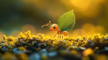 An ant with a leaf on its back photo