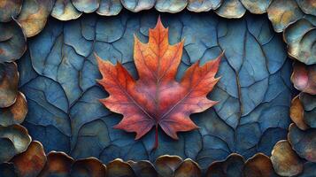 A leaf is shown in a frame with a blue background photo
