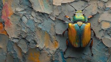 A colorful beetle on a wall with a crack photo