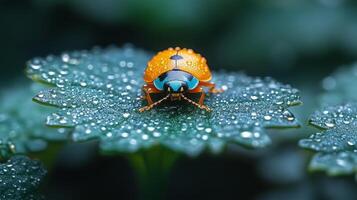 A bug with blue eyes sitting on a leaf with water droplets photo
