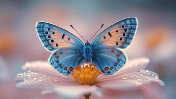 A blue butterfly is sitting on top of a pink flower photo