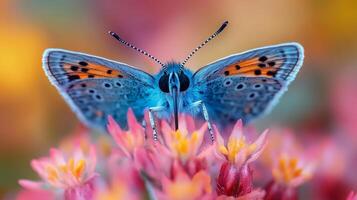 A blue butterfly is sitting on some pink flowers photo