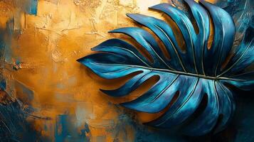 A painting of a blue and gold leaf photo