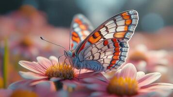 A butterfly is sitting on some pink flowers photo