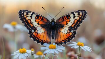 A butterfly is sitting on top of some flowers photo