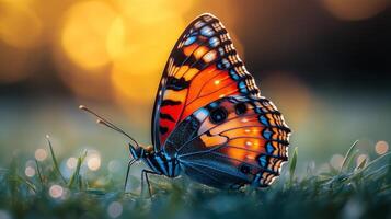 A butterfly is sitting on the grass with a sun in the background photo