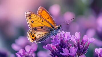 A butterfly is sitting on purple flowers photo