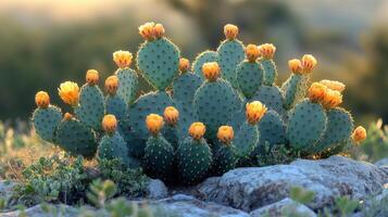 A cactus plant with yellow flowers in the sun photo