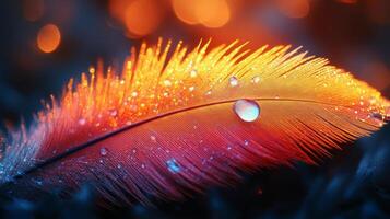 A colorful feather with water droplets on it photo