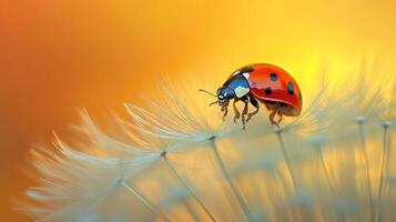 A ladybug on a dandelion with a yellow background photo