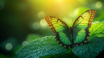 A green butterfly is sitting on a leaf photo