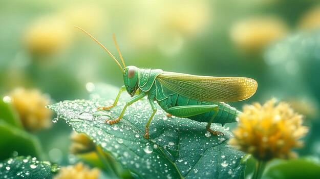 A grasshopper is sitting on a leaf in the grass photo