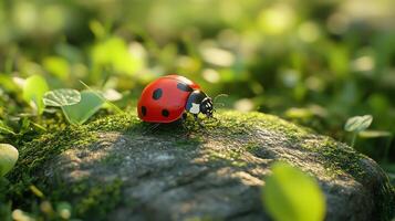 A ladybug is sitting on a rock in the grass photo
