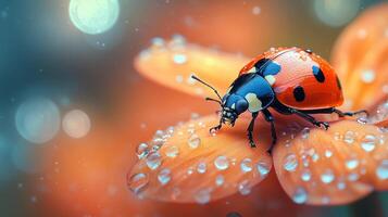 A ladybug is sitting on top of a flower with water droplets photo