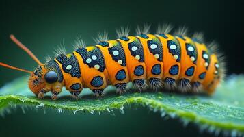 A caterpillar with orange and black spots on its back photo