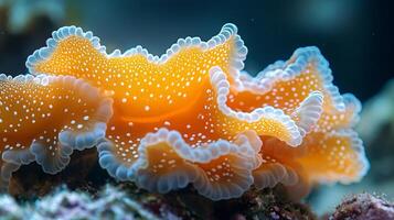 A close up of an orange and white sea anemone photo
