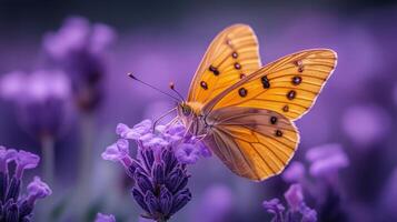 A butterfly is sitting on a purple flower photo
