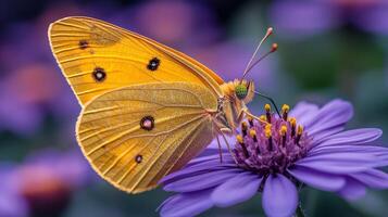 A yellow butterfly sits on a purple flower photo