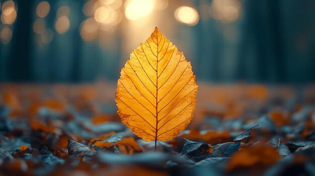 A single yellow leaf sits on the ground in the middle of a forest photo