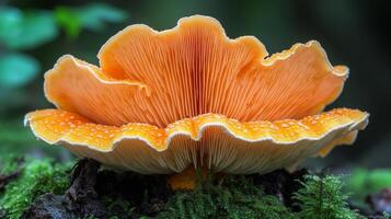 An orange mushroom is growing on a moss covered tree photo