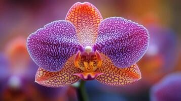 A close up of a purple orchid with a yellow center photo
