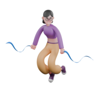 3D Character Design of Dance Performer. A female dancer walks in a squat while carrying a rope in her left hand and holding it in her right hand. 3D Model png