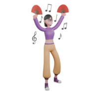 3D Cartoon Dance Star Performer. A female dancer stands facing left while both of her hands raise a folding fan up and above her head surrounded by notes. Animation Talent png