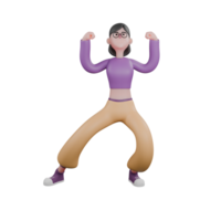 Cartoon Dance Artist in 3D. A female dancer stands looking up with her legs open, the right one straight and the left one slightly bent then both hands are clasped together and raised up. png