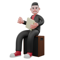 3D Dance Artist Choreographer. A male choreographer sits on a speaker holding a sheet of paper in his hand with a happy expression. Cartoon Design png