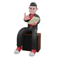 3D Choreographer Dance Creator. A male choreographer sits on a loudspeaker while looking at the writing on a paper held in his left hand and then his right hand wants to open next sheet of paper. png
