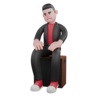 3D Animated Dance Creator. A male choreographer sits on a speaker with his hands on his thighs with a happy expression. Choreographer Character png