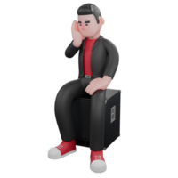 Dance Performer 3D Character. A male choreographer sits on a speaker with his left hand holding his face, eyes closed with a calm expression. Choreographer Model png
