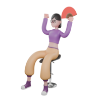 3D Cartoon Dance Performer Model. A female dancer sits on a bar stool while raising both of her hands to the left with her right hand clasped and her left hand holding a folding fan. Creative Talent png