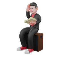 Cartoon Dance Choreographer in 3D. A male choreographer sits on a loudspeaker with his left hand holding a sheet of paper and his right hand scratching his head. Performance Artist png