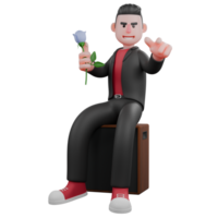 3D Dance Choreographer Star. A male choreographer sits on a loudspeaker with his right hand holding a flower and his left hand pointing forward. Performer Model png