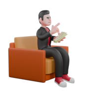 Cartoon Dance Performer in 3D. A male choreographer sits on a sofa, his left hand holding a clipboard and his right hand pointing forward. Choreographer Character png