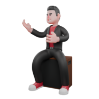 Choreographer in 3D Cartoon. A male choreographer sits on a speaker with his hands extended forward with a happy expression. Dance Star png