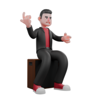 3D Choreographer Character Design. A male choreographer sits on a speaker with his right hand pointing up and his left hand pointing forward with a happy expression. Dance Performer png