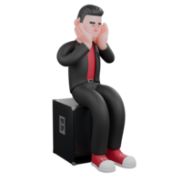3D Cartoon Dance Performer Character. A male choreographer sitting on speaker with both hands supporting his head with tired expression. Choreographer Model png